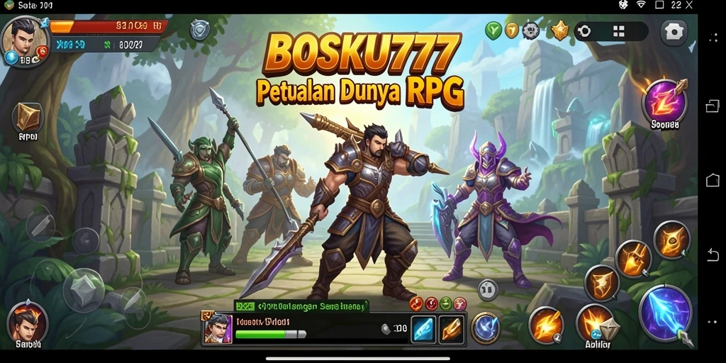 Antarmuka utama BOSKU777 menampilkan karakter dan latar dunia RPG yang memukau.