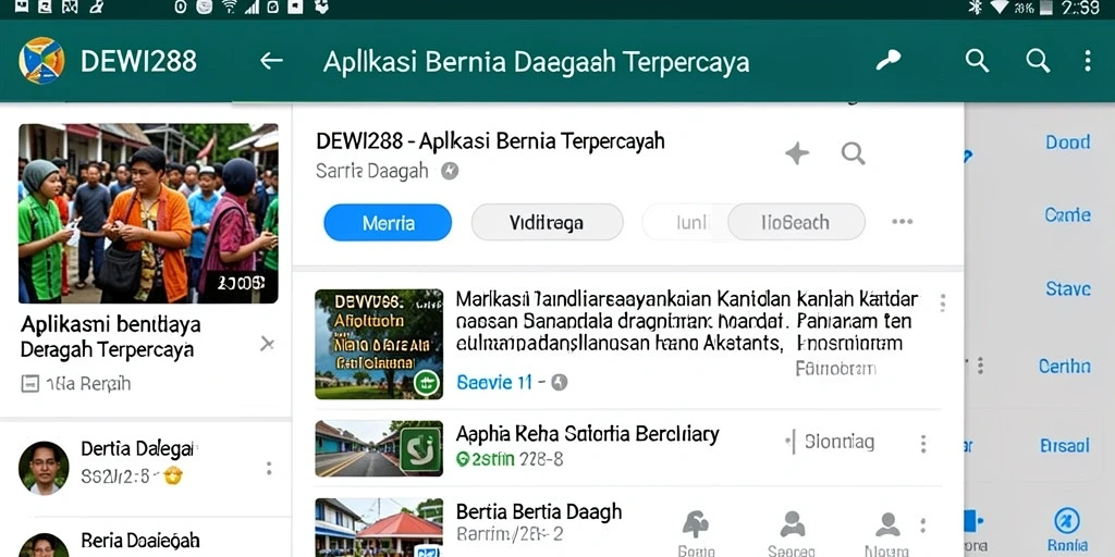 Tampilan utama aplikasi DEWI288 menampilkan berita terkini dan kategori berita daerah.